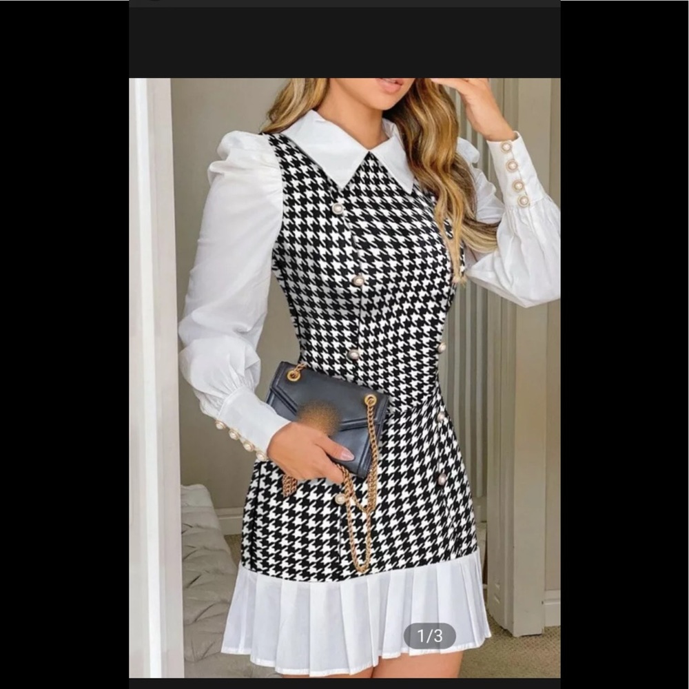 SOLD♦️Houndstooth Button Decor Puff Sleeve Ruffle Hem Dress Size M